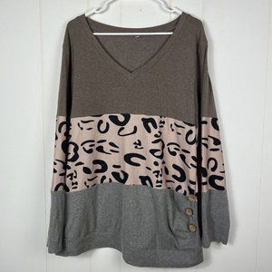 Women Mixed Print Knit Top 2XL Colorblock Animal Print Buttons VNeck Long Sleeve